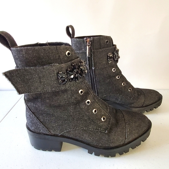 Karl Lagerfeld Paris Embellished Ankle Boots Size 8 Denim Combat Lug Sole - Picture 2 of 15